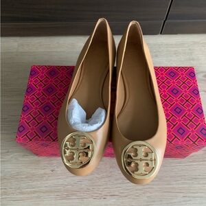 Tory Burch Tan Flats with Gold Logo